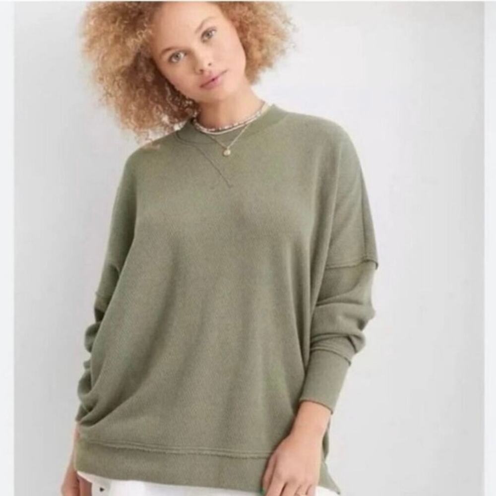 Aerie Olive Green Oversized Soft Knit Crewneck Sweater Women Small
